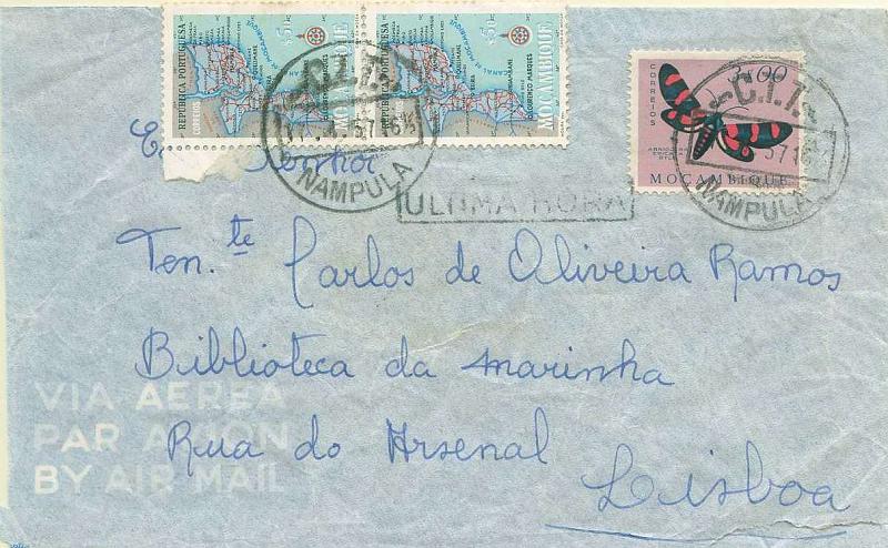 22Lis_1907.jpg -     Lote:    1907            Moçambique       Descrição:         Carimbos circulares e administrativo. Carta circulada por via aérea de Nampula (17.04.57) para Lisboa com dois selos de $50 Mapa de Moçambique e selo de 3$00 Borboletas, obliterados com carimbo de NAMPULA e ULTIMA HORA, ambos batidos a preto.        Carta       Valor Base:     &euro; 10,00     Valor Venda:     &euro; 10,00     