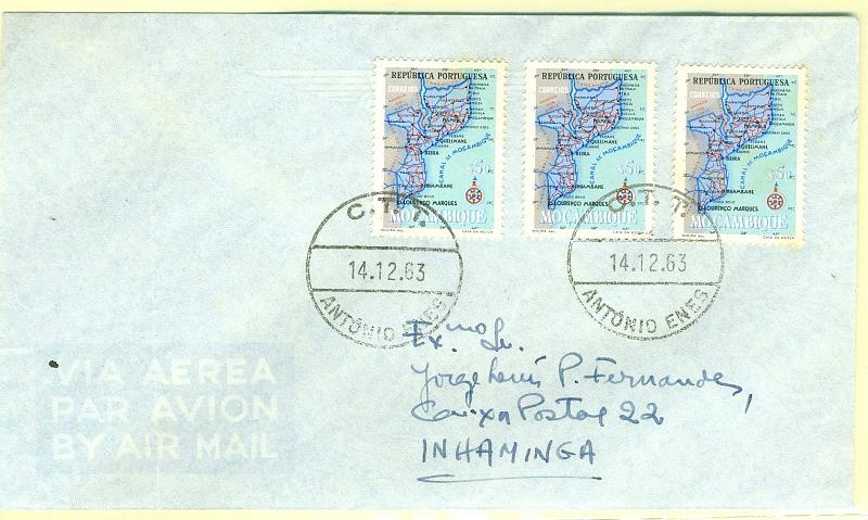 22Lis_1908.jpg -     Lote:    1908            Moçambique       Descrição:         Circulares datados. Sobrescrito circulado de António Enes (14.12.63) para Inhaminga, com 3 selos de $50 Carta Geográfica de Moçambique, obliterados com carimbo batido a preto "C. T. T. / ANTÓNIO ENES".        Carta       Valor Base:     &euro; 10,00     Valor Venda:     Retirado     