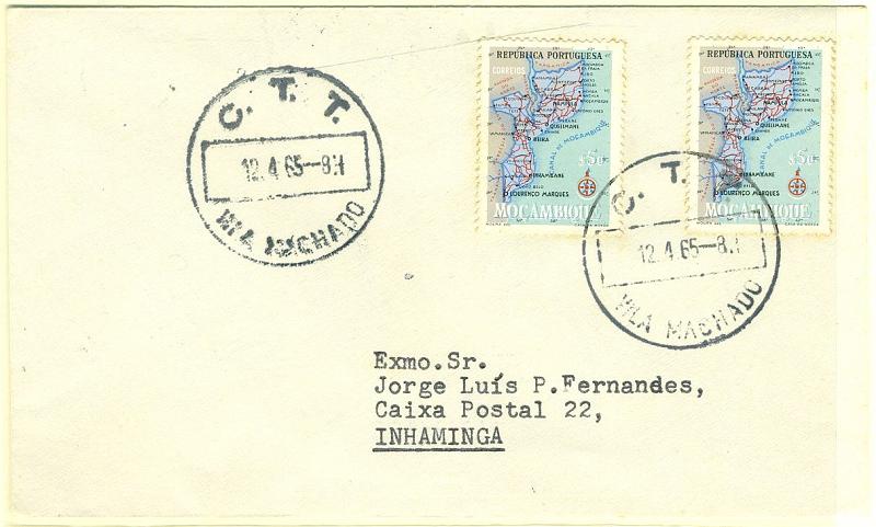 22Lis_1909.jpg -     Lote:    1909            Moçambique       Descrição:         Carimbos circulares. Sobrescrito circulado de Vila Machado (12.05.65) para Inhaminga (15.04.65) com dois selos de $50 Carta Geográfica de Moçambique. Carimbo batido a preto "C. T. T. / VILA MACHADO".        Carta       Valor Base:     &euro; 12,00     Valor Venda:     &euro; 30,00     