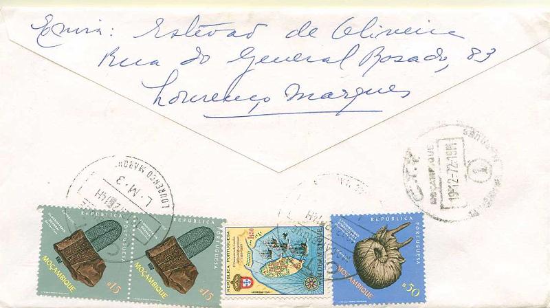 22Lis_1916.jpg -     Lote:    1916            Moçambique       Descrição:         Carimbos circulares. Sobrescrito circulado de Lourenço Marques (19.12.72) para Lisboa com carimbo batido a preto "C.T.T. / MOÇAMBIQUE / L. M. 3 / LOURENÇO MARQUES".        Carta       Valor Base:     &euro; 2,00     Valor Venda:     &euro; 12,00     