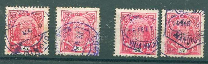 22Lis_1930.jpg -     Lote:    1930            Companhia de Moçambique       Descrição:         Carimbos hexagonais e duplo círculo. 1907 &mdash; Tipo Elefantes. Novas cores. CE52, 25 reis carmim. Lote de quatro selos com carimbos batidos a violeta de MACEQUECE (circular), VILLA MACHADO e MANDIGOS (hexagonais) + CHIMOIO (circular) batido a preto.        O       Valor Base:     &euro; 8,00     Valor Venda:     &euro; 8,00     