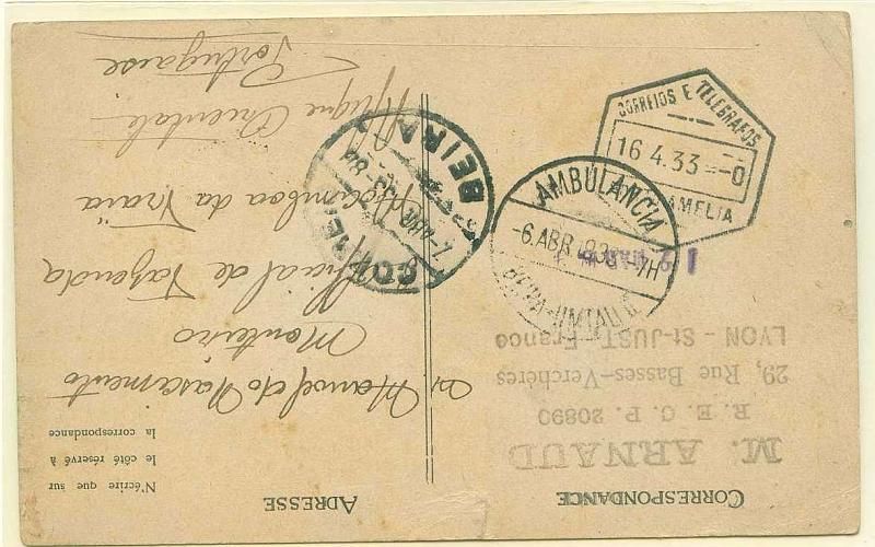 22Lis_1934.jpg -     Lote:    1934            Companhia de Moçambique       Descrição:         Carimbos ferroviários. Postal ilustrado circulado de França para Mocimboa da Praia, com trânsito pela ambulância ferroviária "AMBULÂNCIA / BEIRA &mdash; UMTALI II / 06 ABR.33", pela Beira (07.04.33) e Porto Amélia (16.04.33). MB e R.        PI       Valor Base:     &euro; 20,00     Valor Venda:     Retirado     