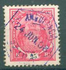 22Lis_1935.jpg -     Lote:    1935            Companhia de Moçambique       Descrição:         Carimbos hexagonais ferroviários. 1907 &mdash; Tipo Elefantes. Novas cores. Selo de 25 reis carmim CE52, obliterado com carimbo batido a violeta "AMBULÂNCIA / BEIRA / 24 JUN 08".        O       Valor Base:     &euro; 8,00     Valor Venda:     &euro; 8,00     