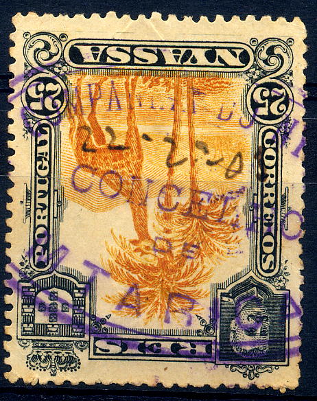 22Lis_1936.jpg -     Lote:    1936            Companhia do Niassa       Descrição:         Carimbos administrativos (no serviço postal). 1901 &mdash; D. Carlos I (Girafa e Camelo), CE32, 25 reis laranja, obliterado com carimbo de dupla oval, administrativo, batido violeta, "COMPANHIA DO NIASSA / CONCELHO / DE / MTARICA", com data manuscrita 22-2-05. MB e MR.        O       Valor Base:     &euro; 50,00     Valor Venda:     &euro; 480,00     