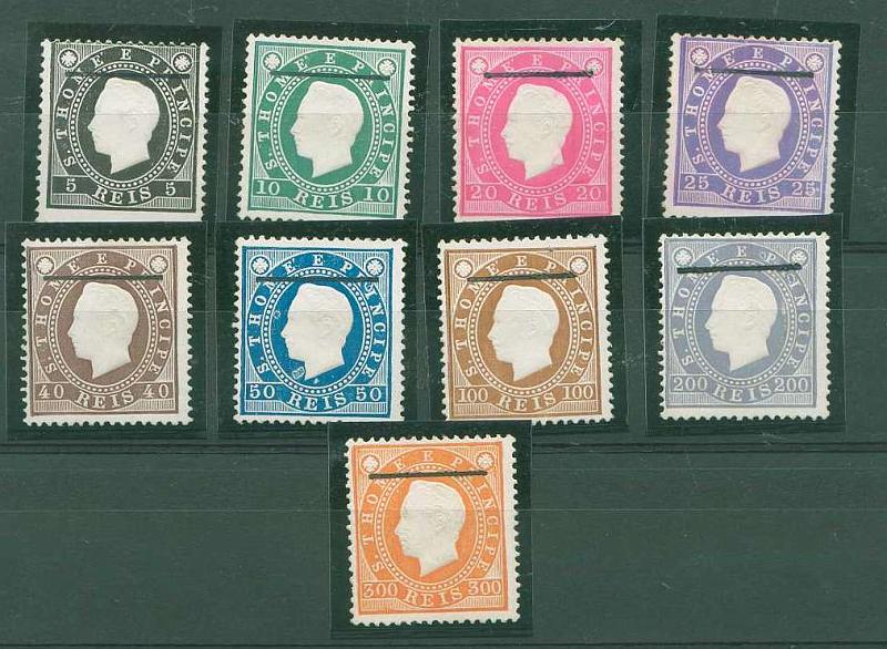 22Lis_2011.jpg -     Lote:    2011            S. Tomé e Príncipe       Descrição:         Reimpressões de 1905. 1887 &mdash; D. Luís I Fita direita. Série completa com traço grosso horizontal de 17mm. Exemplares de grande raridade.        **       Valor Base:     &euro; 150,00     Valor Venda:     &euro; 150,00     
