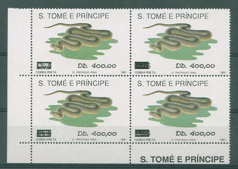 22Lis_2012.jpg -     Lote:    2012                   Descrição:      S. Tomé e Príncipe * Palops.   1996 &mdash; Repteis. Sobrecargas locais. CE1349. Quadra de selos de 400,00 canto inferior esquerdo de folha. Um selo com a variedade na taxa com ponto em vez de vírgula.        ***       Valor Base:     &euro; 18,00     Valor Venda:     Retirado     