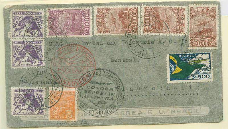 22Lis_2015.jpg -     Lote:    2015                   Descrição:      Brasil &mdash;   Sobrescrito circulado "Via Zeppelin / Condor" do Rio Grande do Sul (21.03.34) para a Alemanha (27.03.34) com 3 selos de 200 reis, 1 selo de 500 reis, 3 selos de 1.000 reis e selo de 3$500.        Aéreo       Valor Base:     &euro; 20,00     Valor Venda:     Retirado     