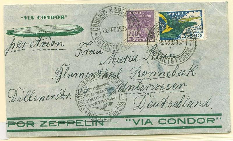 22Lis_2016.jpg -     Lote:    2016                   Descrição:      Brasil &mdash;   Sobrescrito circulado "Via Zeppelin / Condor" na sua 10.ª viagem em 1935 à América do Sul, do Brasil (19.08.35) para a Alemanha, com selos de 700 reis e 3$500.        Aéreo       Valor Base:     &euro; 20,00     Valor Venda:     &euro; 20,00     