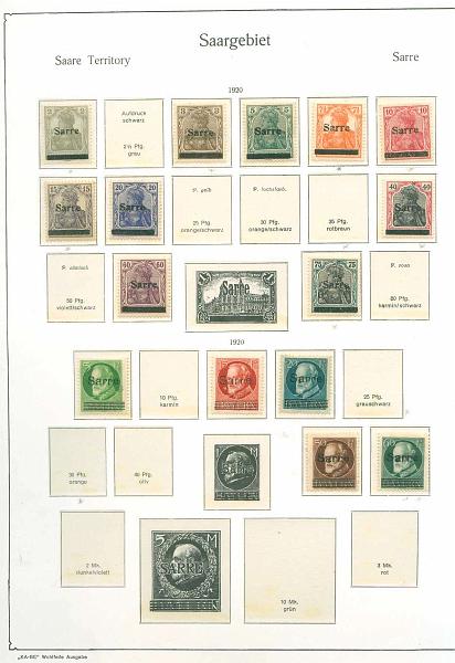 22Lis_2022.jpg -     Lote:    2022                   Descrição:      SAAR &mdash;   Colecção em folhas Kabe, com selos de 1920 a 1931, em novo e usado, com muitas faltas. Lote a ver.        Lote       Valor Base:     &euro; 50,00     Valor Venda:     Retirado     