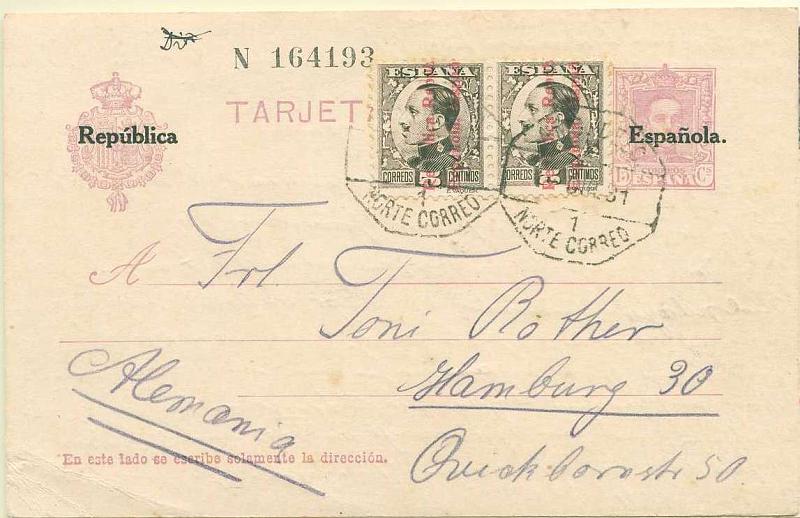22Lis_2027.jpg -     Lote:    2027                   Descrição:      Espanha.   Inteiro Postal de 15 cent., com sobrecarga "Republica Española", circulado com dois selos adicionais de 5 cent., Edifil 594, de Madrid (01.12.1931) para a Alemanha. Acresce mais um bilhete-postal com 4 selos sobrecarregados, não circulado. B.        IC       Valor Base:     &euro; 10,00     Valor Venda:     Retirado     
