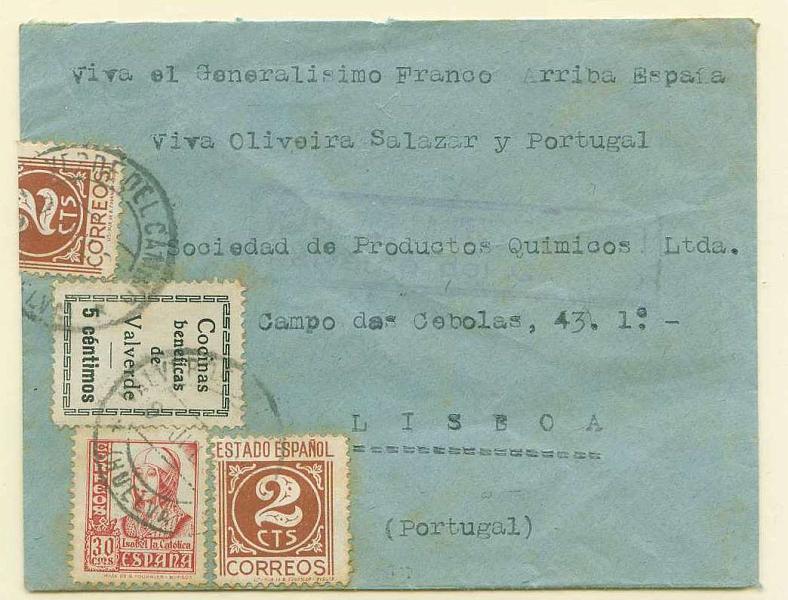 22Lis_2028.jpg -     Lote:    2028                   Descrição:      Espanha.   1937 &mdash; Isabel e Números. Sobrescrito circulado de Huelva (18.07.1937) para Lisboa com selos de 30c e 2c (Edifil 815 e 823) + Imposto local de 5c. B e R.        Carta       Valor Base:     &euro; 10,00     Valor Venda:     Retirado     