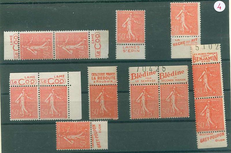 22Lis_2031.jpg -     Lote:    2031                   Descrição:      França.   Lote de 12 selos tipo Semeuse, retirados de carnet (1924-32), de 50 c., todos com banda publicitária. Valor de catálogo: &euro; 73,00.        ***       Valor Base:     &euro; 35,00     Valor Venda:     Retirado     