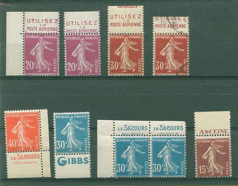 22Lis_2032.jpg -     Lote:    2032                   Descrição:      França.   Lote 9 selos (3 dos quais cantos de folha e só um usado) tipo Semeuse, retirados de carnet (vários valores), todos com banda publicitária.          ***       Valor Base:     &euro; 18,00     Valor Venda:     Retirado     