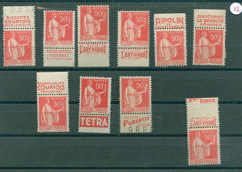 22Lis_2033.jpg -     Lote:    2033                   Descrição:      França.   Lote de 10 selos nº 283 (Yvert), tipo Paix, retirados de carnet, todos novos com bandas publicitárias (um deles é variedade).         ***       Valor Base:     &euro; 16,00     Valor Venda:     Retirado     