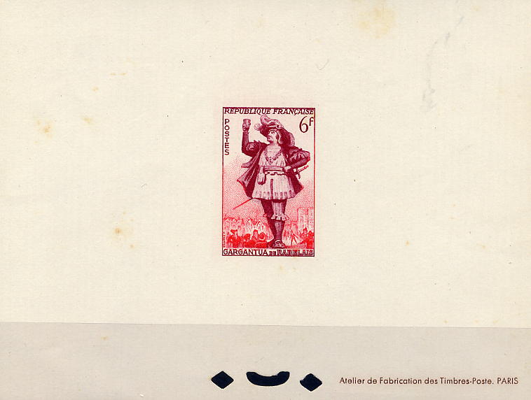 22Lis_2039.jpg -     Lote:    2039                   Descrição:      França.   Gargantua de Rabelais. Prova de gravador a cores, não denteada, em cartolina editada pelo "Atelier de Fabrication dês Timbres-Poste. Paris).        PRV       Valor Base:     &euro; 5,00     Valor Venda:     &euro; 55,00     
