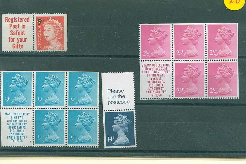 22Lis_2044.jpg -     Lote:    2044                   Descrição:      Reino Unido.   1937 &mdash; Isabel II. Folhas de carnet de &frac12; p. verde azul e 2 &frac12; p. rosa e ainda mais dois selos isolados com bandas publicitárias, todas diferentes.        ***       Valor Base:     &euro; 8,00     Valor Venda:     Retirado     
