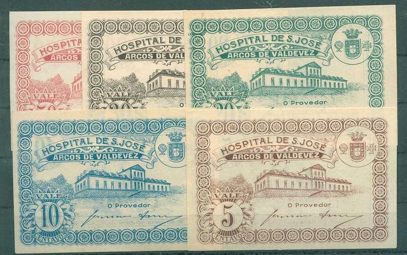22Lis_2064.jpg -     Lote:    2064                   Descrição:         Arcos de Valdevez (Hospital de S. José). Lote de 5 cédulas de 5, 10, 20, 30 e 50c. Novas.        CDL       Valor Base:     &euro; 15,00     Valor Venda:     &euro; 15,00     