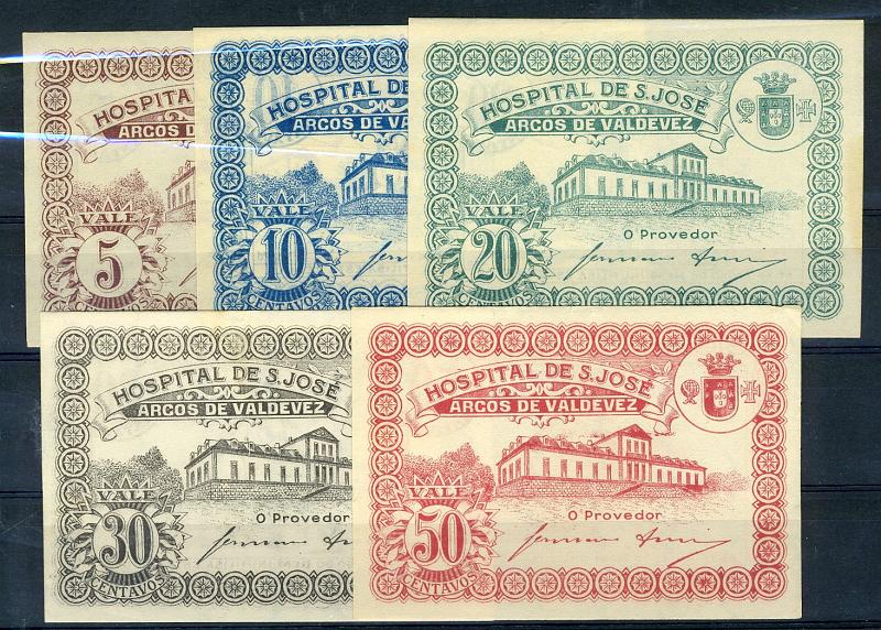 22Lis_2065.jpg -     Lote:    2065                   Descrição:         Arcos de Valdevez (Hospital de S. José). Lote de 5 cédulas: 5, 10, 20, 30 e 50 centavos, nas cores violeta, azul, verde, castanha e vermelho. Novas. MB.        CDL       Valor Base:     &euro; 14,00     Valor Venda:     &euro; 18,00     