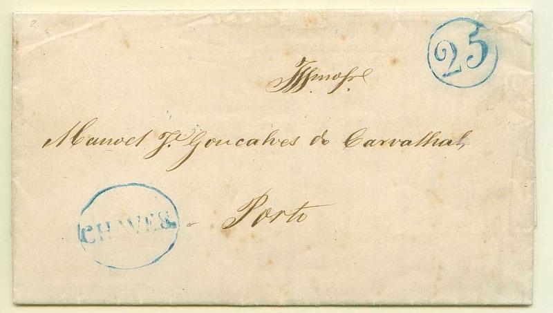 22Lis_2141.jpg -     Lote:    2141      Lotes pelo Correio              Descrição:      Chaves &mdash;   A azul, GM CHV4, em carta datada de Chaves (05.06.1853) para o Porto, com o porte de 25 reis batido a azul.        Carta       Valor Base:     &euro; 5,00     Valor Venda:     Retirado     