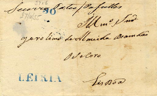 22Lis_2144.jpg -     Lote:    2144      Lotes pelo Correio              Descrição:      Leiria &mdash;   A azul, GM LRA2, em carta datada de Leiria (27.11.35) para Lisboa, com o porte de 30 reis batido a azul. MB.        Carta       Valor Base:     &euro; 10,00     Valor Venda:     Retirado     