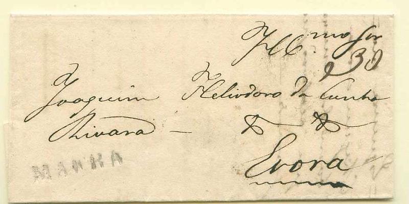 22Lis_2148.jpg -     Lote:    2148      Lotes pelo Correio              Descrição:      Mafra &mdash;   A preto, GM MFR1 em carta de Mafra para Évora, com o porte manuscrito a sépia de 30 reis.        Carta       Valor Base:     &euro; 5,00     Valor Venda:     &euro; 5,00     
