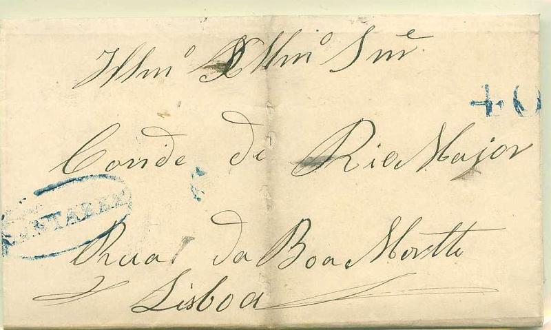22Lis_2152.jpg -     Lote:    2152      Lotes pelo Correio              Descrição:      Porteado. Santarém &mdash;   A azul, GM STR4, em carta datada de Pombalinho (05.03.1854) PARA Lisboa (08.03.54) porteada com 40 reis batido a azul.        Carta       Valor Base:     &euro; 5,00     Valor Venda:     Retirado     