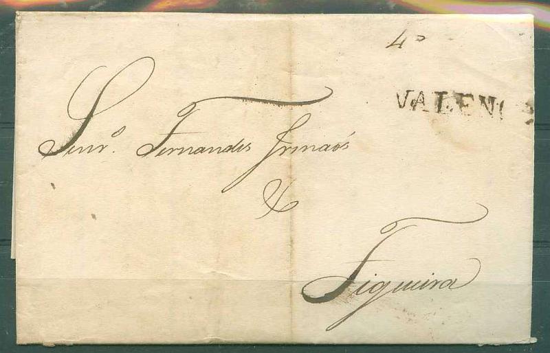 22Lis_2153.jpg -     Lote:    2153      Lotes pelo Correio              Descrição:      Valença &mdash;   A sépia, GM VLN3, em carta datada de Seixas (03.02.1836) para a Figueira, com o porte de 40 reis manuscrito a sépia.        Carta       Valor Base:     &euro; 4,00     Valor Venda:     Retirado     