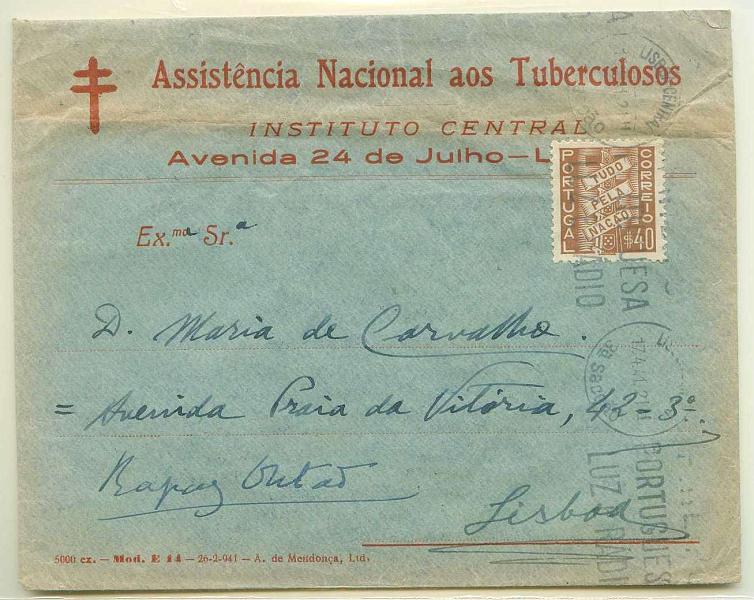 22Lis_2237.jpg -     Lote:    2237      Lotes pelo Correio              Descrição:         Assistência Nacional aos Tuberculosos. Sobrescrito circulado em Lisboa (17.04.41) com selo de $40 castanho, Tudo pela Nação.        Carta       Valor Base:     &euro; 2,00     Valor Venda:     &euro; 2,00     