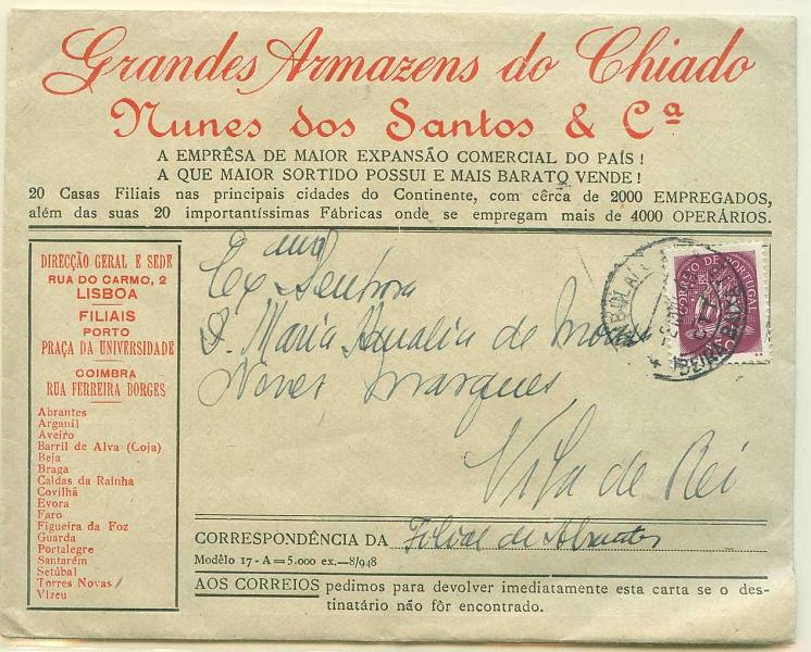 22Lis_2239.jpg -     Lote:    2239      Lotes pelo Correio              Descrição:         Grandes Armazéns do Chiado. Sobrescrito circulado pela Ambulância Beira Baixa II (02.11.48) para Vila de Rei (03.11.48). MB.        Carta       Valor Base:     &euro; 5,00     Valor Venda:     &euro; 5,00     