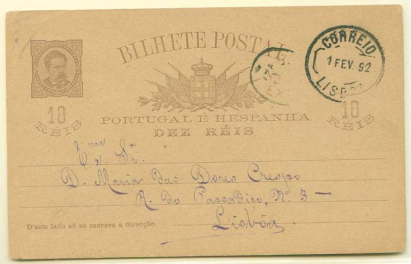 22Lis_2246.jpg -     Lote:    2246      Lotes pelo Correio       Portugal       Descrição:         1884/87 &mdash; D. Luís I de frente. OM9, 10 reis castanho sobre cartolina camurça, circulado em Lisboa (01.02.1892). Carimbo da 3.ª Expedição de Lisboa batido a preto.        IC       Valor Base:     &euro; 5,00     Valor Venda:     Retirado     