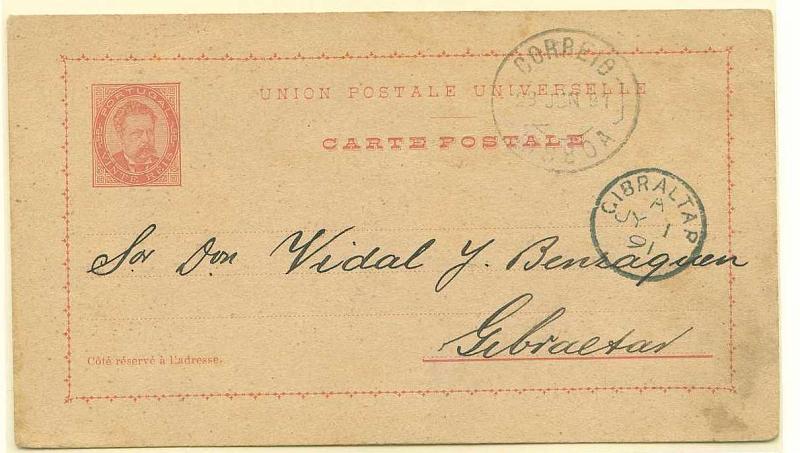 22Lis_2247.jpg -     Lote:    2247      Lotes pelo Correio       Portugal       Descrição:         1884/87 &mdash; D. Luís I, de frente. OM10, 20 reis rosa, circulado de Lisboa (23.06.91) para Gibraltar (01.07.91). Raro destino.        IC       Valor Base:     &euro; 5,00     Valor Venda:     Retirado     