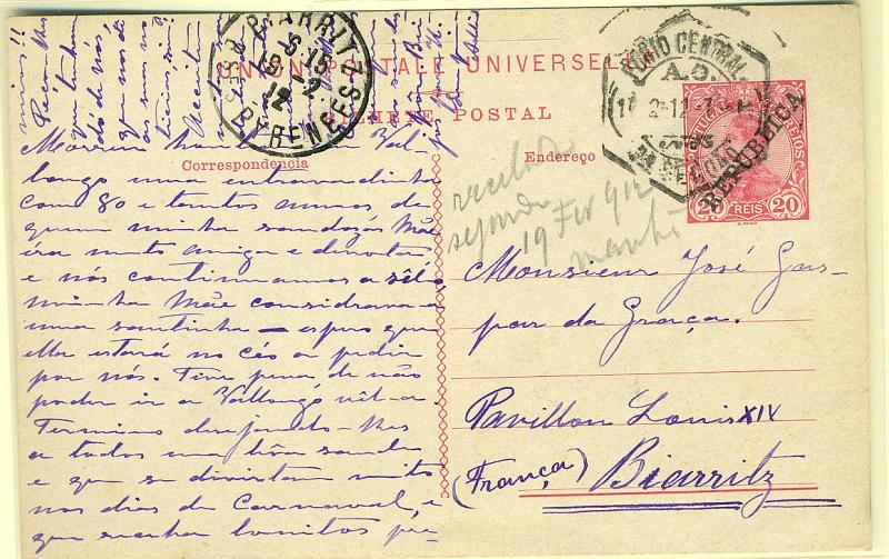 22Lis_2257.jpg -     Lote:    2257      Lotes pelo Correio       Portugal       Descrição:         1910 &mdash; D. Manuel II com sobrecarga República. OM53, 20 reis carmim sobre cartolina creme, circulado de Lisboa (16.02.12) para França (16.02.12).        IC       Valor Base:     &euro; 2,00     Valor Venda:     Retirado     