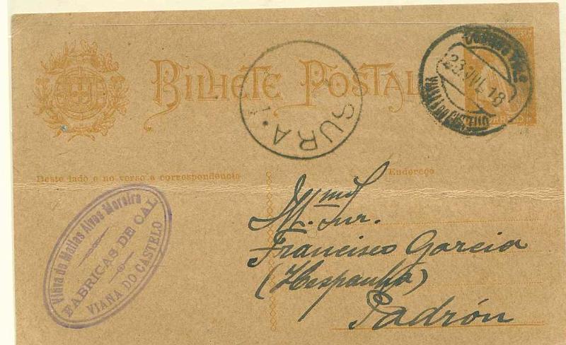 22Lis_2259.jpg -     Lote:    2259      Lotes pelo Correio       Portugal       Descrição:         1918/20 &mdash; Ceres. OM61, 2 c ocre, sobre cartolina camurça escura, circulado de Viana do Castelo (23.07.18) para Espanha, censurado. Rara circulação para Espanha. Inteiro com dobra horizontal ao meio.        IC       Valor Base:     &euro; 10,00     Valor Venda:     &euro; 10,00     
