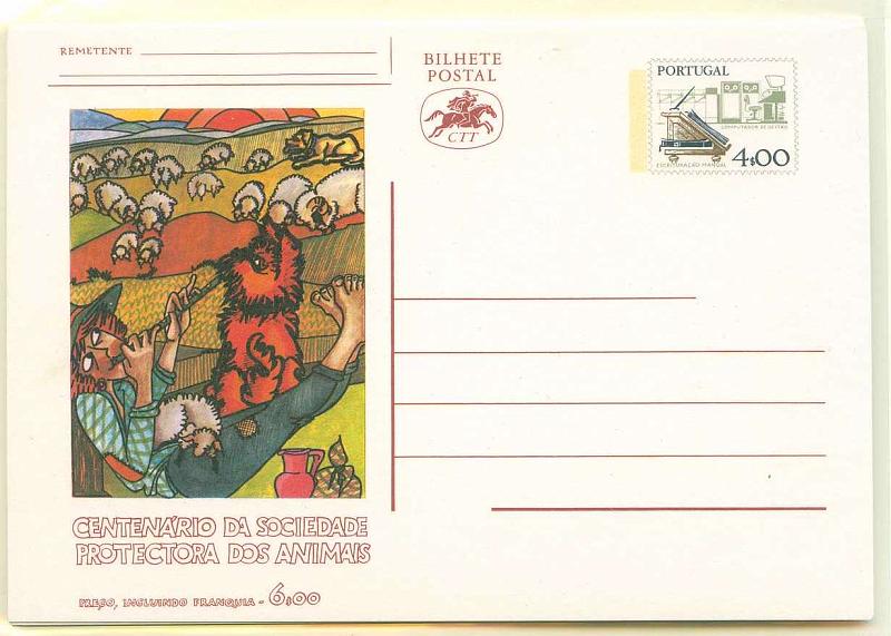 22Lis_2268.jpg -     Lote:    2268      Lotes pelo Correio       Portugal       Descrição:         1979 &mdash; 1.º Centenário da Sociedade Protectora dos Animais. Selo Instrumentos de Trabalho. OM175, 4$00 azul-escuro, verde cinzento e castanho. Série completa de 4 inteiros (A, B, C, D).        IN       Valor Base:     &euro; 2,00     Valor Venda:     Retirado     