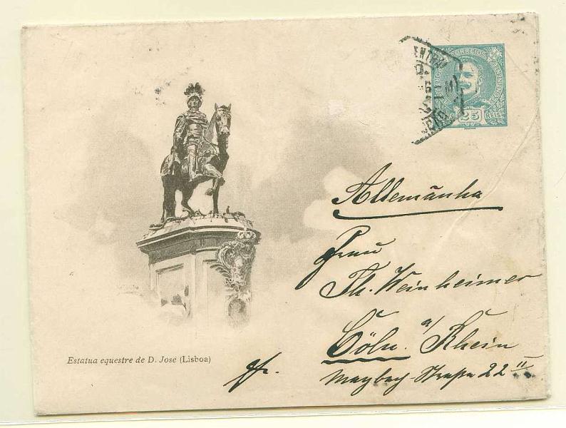 22Lis_2272.jpg -     Lote:    2272      Lotes pelo Correio       Portugal       Descrição:         1908 &mdash; D. Carlos I Mouchon. Sobrescritos particulares. Ilustrado por Roque Gameiro. 25 reis OM2C, estátua equestre de D. José, circulado de Lisboa para a Alemanha. Selo adicional desaparecido.        IC       Valor Base:     &euro; 80,00     Valor Venda:     Retirado     