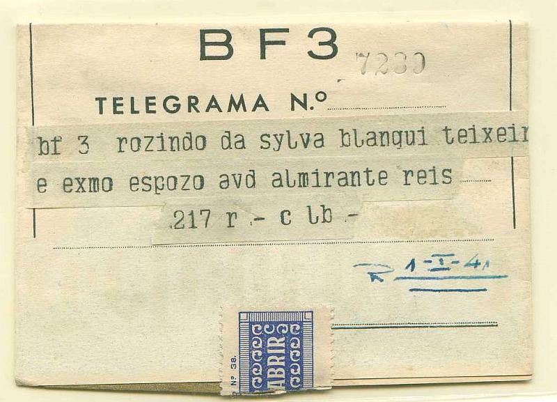 22Lis_2275.jpg -     Lote:    2275      Lotes pelo Correio       Portugal       Descrição:         1942 &mdash; Boas Festas. Impressos de Telegramas. OM BF17 * BF3 &mdash; "agradecimentos pelos amáveis votos / de / boas-festas / cordialmente retribuídos". Remetido das Caldas da Rainha para Lisboa (30.12.40).        IC       Valor Base:     &euro; 5,00     Valor Venda:     Retirado     