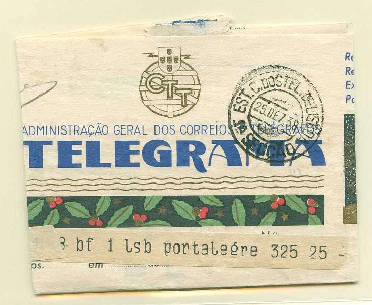 22Lis_2276.jpg -     Lote:    2276      Lotes pelo Correio       Portugal       Descrição:         1936 &mdash; Boas Festas. Impressos de Telegramas. OM BF1 * BF1 &mdash; BOAS FESTAS E FELICIDADES / NO ANO NOVO. Remetido de Portalegre para Lisboa (25.12.38).        IC       Valor Base:     &euro; 5,00     Valor Venda:     &euro; 5,00     