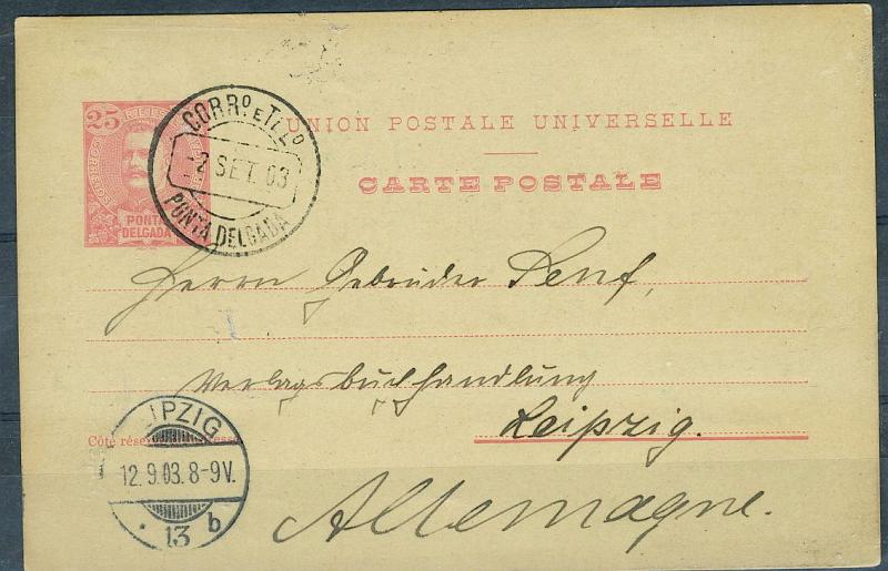 22Lis_2282.jpg -     Lote:    2282      Lotes pelo Correio       Açores       Descrição:         1899 &mdash; D. Carlos I tipo Mouchon. OM13, 25 reis carmim sobre cartolina camurça, circulado de Ponta Delgada (02.09.03) para a Alemanha (12.09.03).        IC       Valor Base:     &euro; 5,00     Valor Venda:     Retirado     