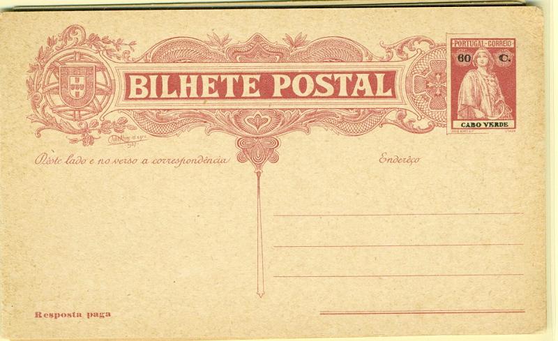 22Lis_2286.jpg -     Lote:    2286      Lotes pelo Correio       Cabo Verde       Descrição:         Lote de 5 inteiros postais novos. OM23, 60+60c (só emitidos 4.500), OM4, OM6, OM8 e Bilhete Carta OM11.        Lote       Valor Base:     &euro; 4,00     Valor Venda:     &euro; 10,00     