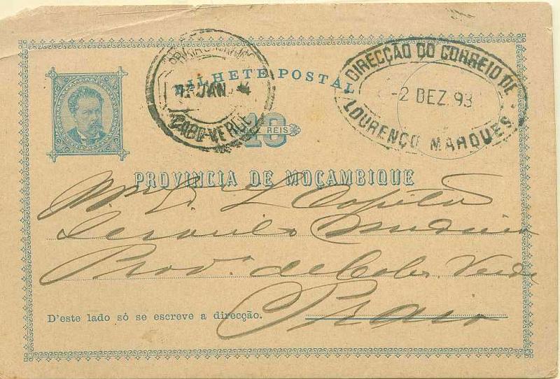22Lis_2289.jpg -     Lote:    2289      Lotes pelo Correio       Moçambique       Descrição:         1886 &mdash; D. Luís I. OM1, 10 reis azul, sobre cartolina camurça, circulado de Lourenço Marques (02.12.93) para Praia / Cabo Verde (01.01.94). Interessante circulação entre colónias. Canto curto e dobrado.        IC       Valor Base:     &euro; 5,00     Valor Venda:     &euro; 5,00     