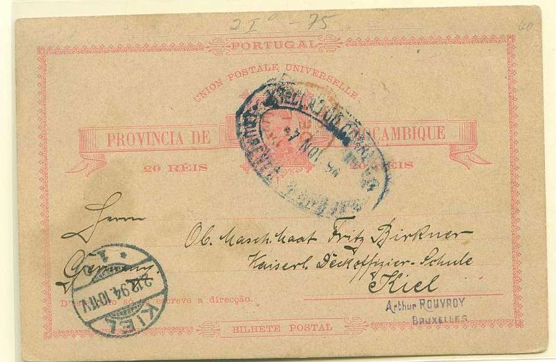 22Lis_2290.jpg -     Lote:    2290      Lotes pelo Correio       Moçambique       Descrição:         1885 &mdash; D. Luís I. OM2, 20 reis rosa sobre cartolina camurça, circulado de Lourenço Marques (07.11.94) para a Alemanha (02.12.1894).        IC       Valor Base:     &euro; 5,00     Valor Venda:     &euro; 5,00     