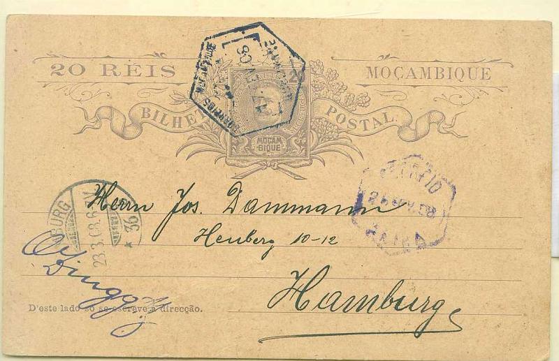 22Lis_2291.jpg -     Lote:    2291      Lotes pelo Correio       Moçambique       Descrição:         1903 &mdash; D. Carlos I Mouchon. OM5, 20 reis violeta, sobre cartolina camurça, circulado da Quelimane (17.02.08) para Hamburgo (23.03.08) com trânsito pela Beira (20.02.08).        IC       Valor Base:     &euro; 3,00     Valor Venda:     &euro; 12,00     
