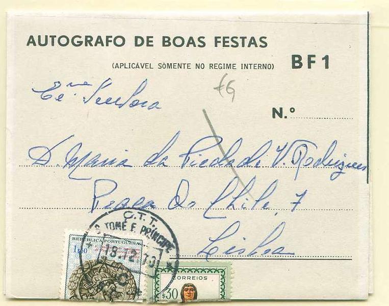 22Lis_2292.jpg -     Lote:    2292      Lotes pelo Correio       S. Tomé e Príncipe       Descrição:         1966 - Autógrafos de Boas Festas * CTTU. OM38, BF1, azul e policromo. Apresentação no templo, circulado de S. Tomé (18.12.70) com selos adicionais de 1$50 e $30 CE354 e 392 (cortados ao meio pela abertura do autógrafo), para Lisboa.        IC       Valor Base:     &euro; 6,00     Valor Venda:     &euro; 10,00     