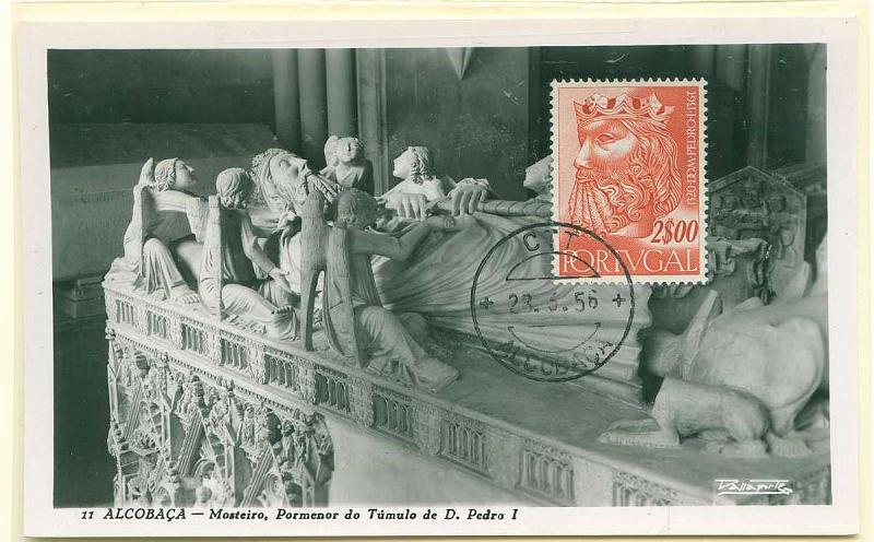 22Lis_2294.jpg -     Lote:    2294      Lotes pelo Correio              Descrição:         D. Pedro I. 1955 &mdash; Reis de Portugal da 1.ª Dinastia. CE813, 2$00 em postal ilustrado do túmulo de D. Pedro I em Alcobaça, obliterados com carimbo de Alcobaça (23.03.56).        PM       Valor Base:     &euro; 6,00     Valor Venda:     &euro; 12,00     