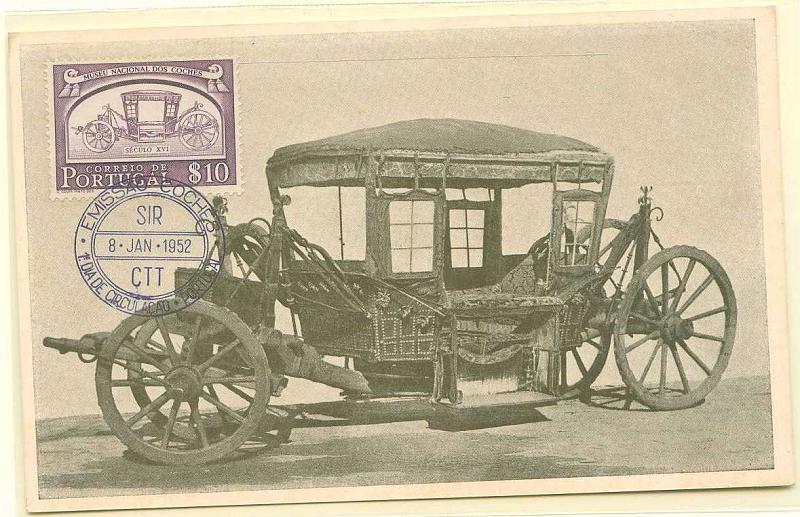 22Lis_2296.jpg -     Lote:    2296      Lotes pelo Correio              Descrição:         1952 &mdash; Coche do séc. XVI. Postal ilustrado do Coche de Filipe II, com selo de $10 da emissão Museu Nacional dos Coches, obliterados com carimbo de 1.º dia de circulação (08.01.1952).        PM       Valor Base:     &euro; 5,00     Valor Venda:     Retirado     