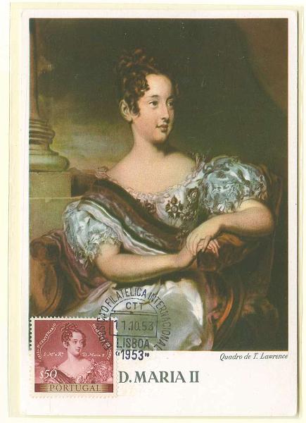 22Lis_2297.jpg -     Lote:    2297      Lotes pelo Correio              Descrição:         D. Maria II. 1953 &mdash; Postal ilustrado com selo de $50 do Centenário do Selo Português, obliterados com carimbo comemorativo da Exposição Filatélica Nacional (01.10.1953).        PM       Valor Base:     &euro; 5,00     Valor Venda:     &euro; 5,00     