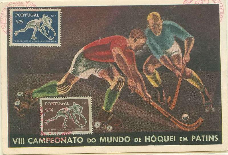 22Lis_2299.jpg -     Lote:    2299      Lotes pelo Correio              Descrição:         1952 &mdash; 8.º Campeonato do Mundo de Hóquei em Patins. Postal ilustrado editado para o evento por Rogério C. Lopes, com os dois selos da emissão CE751/752, obliterados com carimbo do 1.º dia de circulação do Porto (28.06.52) batido a vermelho.        PM       Valor Base:     &euro; 10,00     Valor Venda:     Retirado     