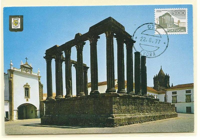 22Lis_2302.jpg -     Lote:    2302      Lotes pelo Correio              Descrição:         Templo de Diana. 1977 &mdash; Postal ilustrado com selo de 5$00 da emissão Paisagens e Monumentos, obliterado com marca de dia de Évora (22.08.77).        PM       Valor Base:     &euro; 10,00     Valor Venda:     &euro; 10,00     