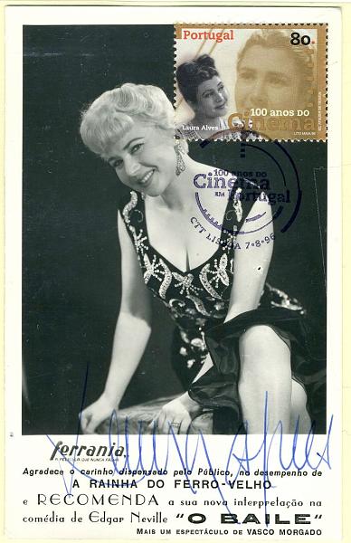 22Lis_2305.jpg -     Lote:    2305      Lotes pelo Correio              Descrição:         1996 &mdash; 100 Anos do Cinema em Portugal. Laura Alves. Postal ilustrado assinado pela artista, com selo de 80$00 concordante, obliterados com carimbo de 1.º dia de circulação (07.08.1996).        PM       Valor Base:     &euro; 7,00     Valor Venda:     &euro; 7,00     