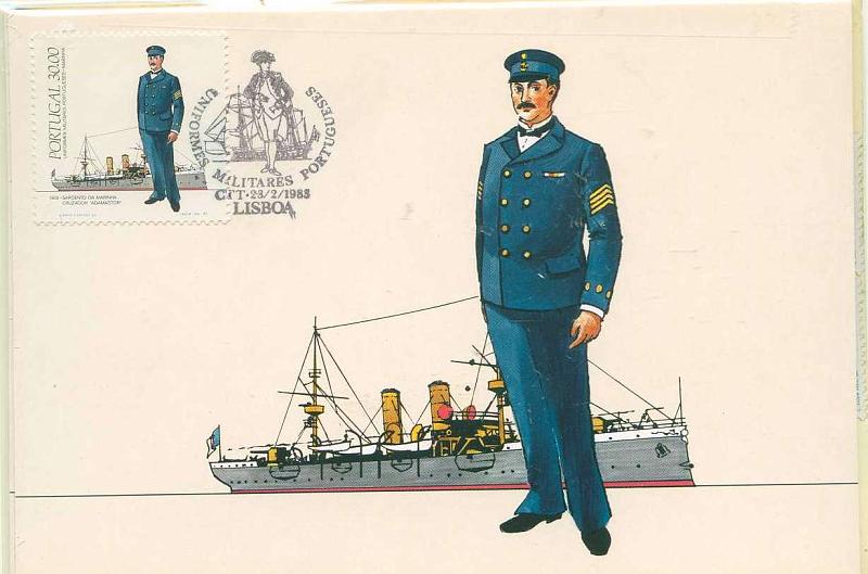 22Lis_2306.jpg -     Lote:    2306      Lotes pelo Correio              Descrição:         1983 &mdash; Uniformes Militares Portugueses. Marinha. Lote de 4 postais máximos, cada um com um selo da série concordante, obliterados com carimbo de 1.º dia de circulação de Lisboa (23.02.1983) + Postal máximo com a série do 10.º Aniversário da OTAN.        PM       Valor Base:     &euro; 10,00     Valor Venda:     Retirado     